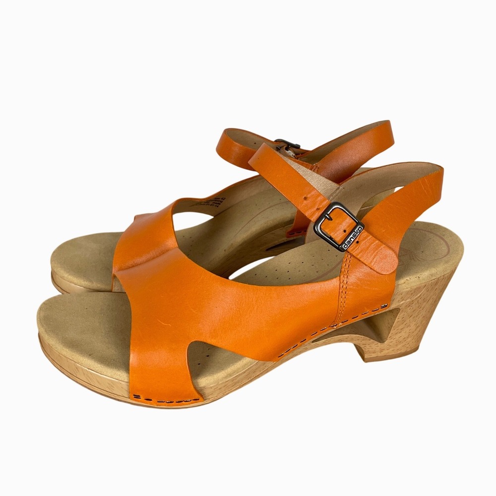 Dansko Tasha Orange Leather Clog Sandals Womens 42 Cutout Wedge Wood Heel Boho